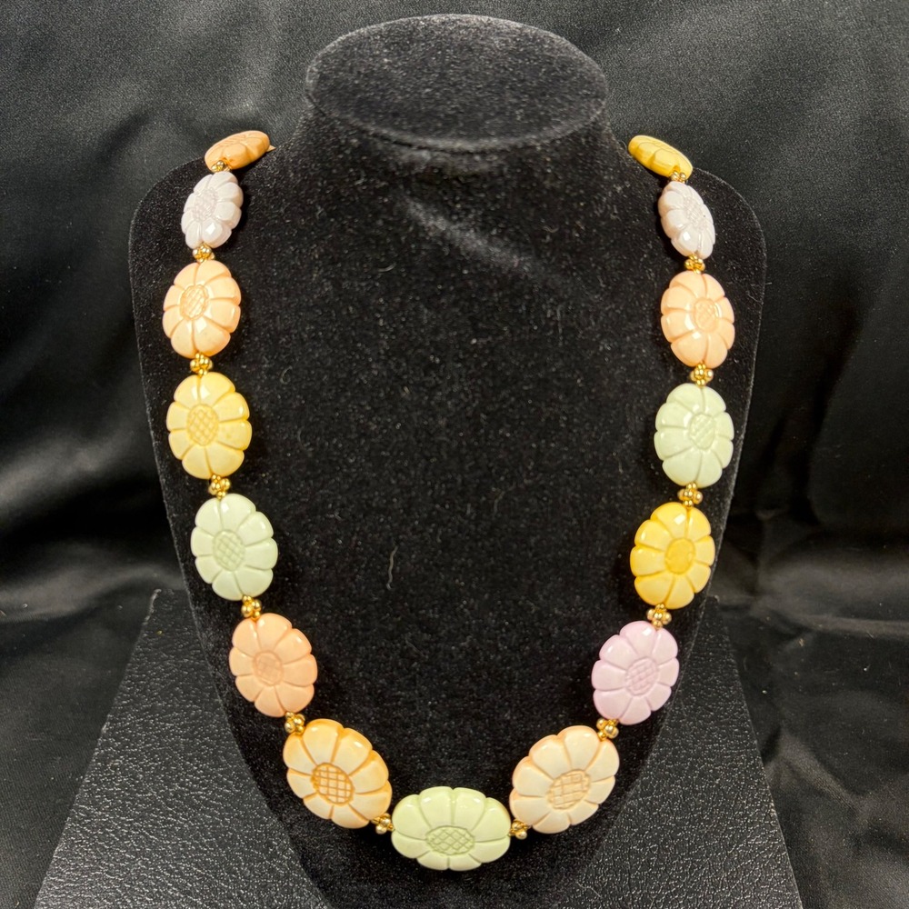 Vintage Genuine Lucite Carved Flower Bead Necklace Pastel Hong Kong Mid Century